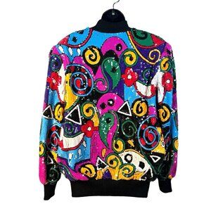 vtg 80s art to wear glam rock all over sequin‎ silk bomber jacket sz M/L